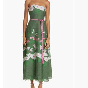 Lela Rose Floral Applique Fil Coupé Strapless Dress w Tassel Belt